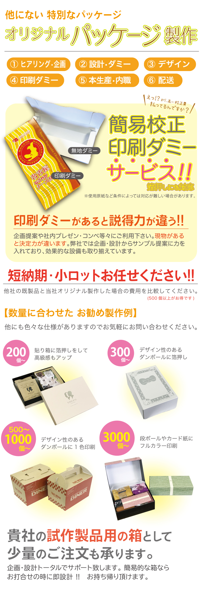 箱・デザインパッケージのサンプル、簡易校正は無料です。